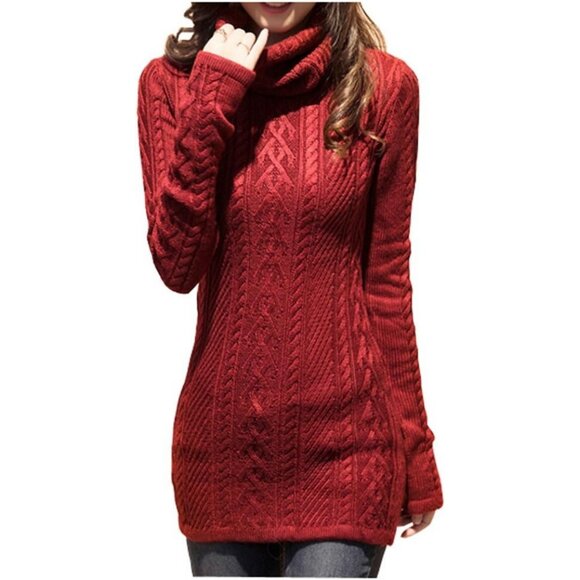 Dresses & Skirts - Women's Polo Neck Long Fitted Dress Bodycon Turtleneck Cable Knit Sweater Wine